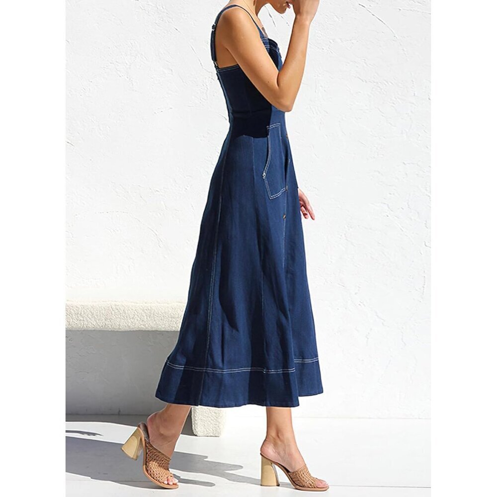 Women's Denim Midi Dress Adjustable Straps Sleeveless Button Down Casual - Picture 3 of 6